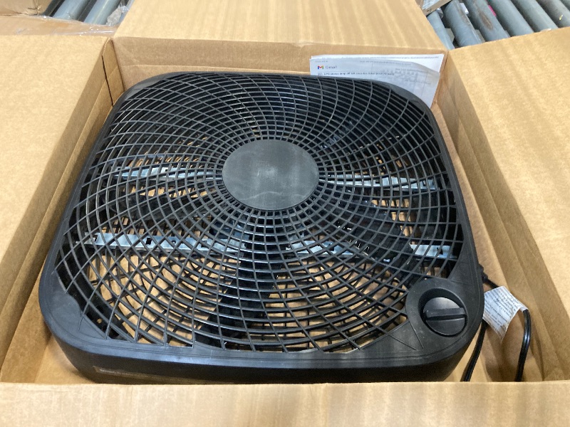Photo 1 of Amazon Basics 3 Speed Box Fan, Indoor Electric Fan for Home Cooling, 5 Blades, Lightweight Design, 67 Watts, 20-Inch, Black, 6.8"D x 20.86"W x 21.33"H