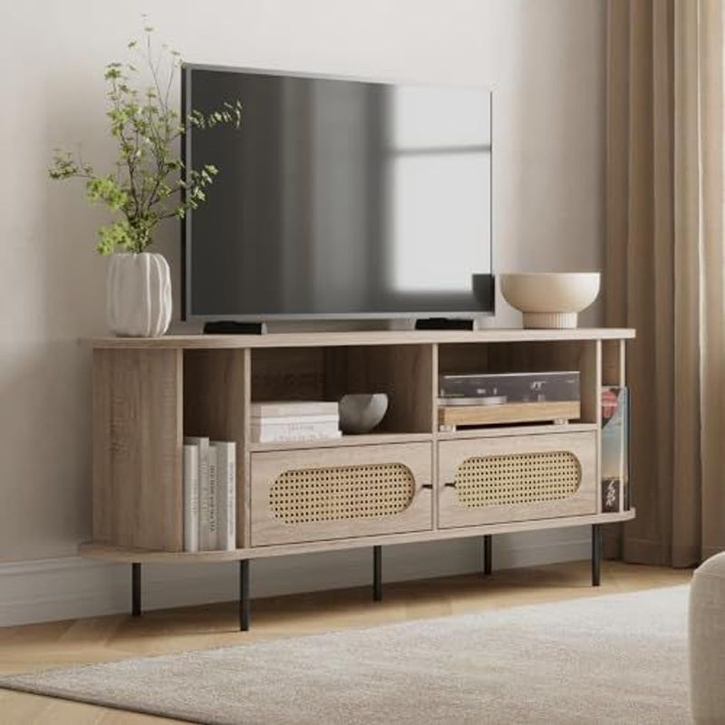 Photo 1 of [Coffee Table not included] Merax Wooden Farmhouse TV Stand ,Oval Fluted Media Console with Sliding Doors for TVs up to 80", Mid-Century Center Table with Wood Legs for Living Room - Light Beige Color
