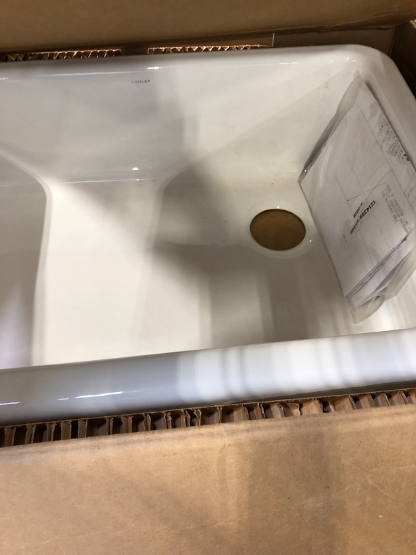 Photo 1 of **MINOR DAMAGE IN THE CORNER OF THE SINK**KOHLER 5826-0 Whitehaven Farmhouse Self-Trimming Undermount Single-Bowl Sink with Short Apron, 33 Inch, White. 
