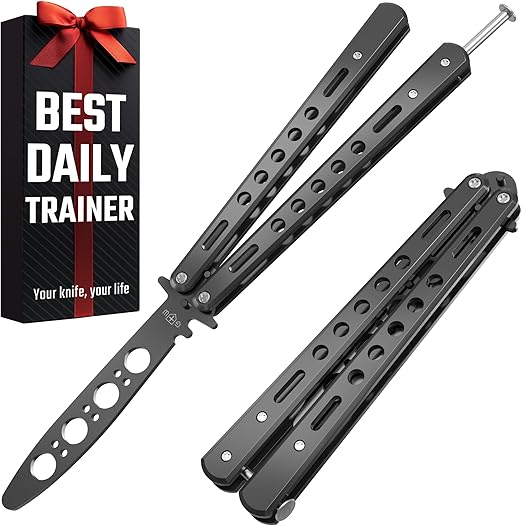 Photo 1 of ***** BUNDLE WITH SAFETY GLASSES *****  Butterfly Knife Trainer Practice with O-Ring Latch - Enhanced Version - Black Metal Steel - no Offensive Blade - for Beginner, Butterfly Knives Lover and More