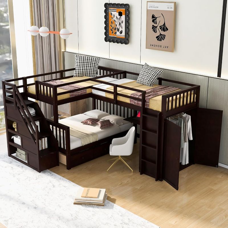 Photo 1 of *** WHOLE PALLET SET*** USED AND DAMAGED *** MISSING PARTS *** SOLD FOR WOOD ***Ball & Cast L-Shape Triple Bunk Bed with Drawers and Portable Desk, Twin-Twin Over Full Beds w/Storage Wardrobe, Shelves & Full-Length Guard Rail, 3 Beds
Bedframe for Kids Boy