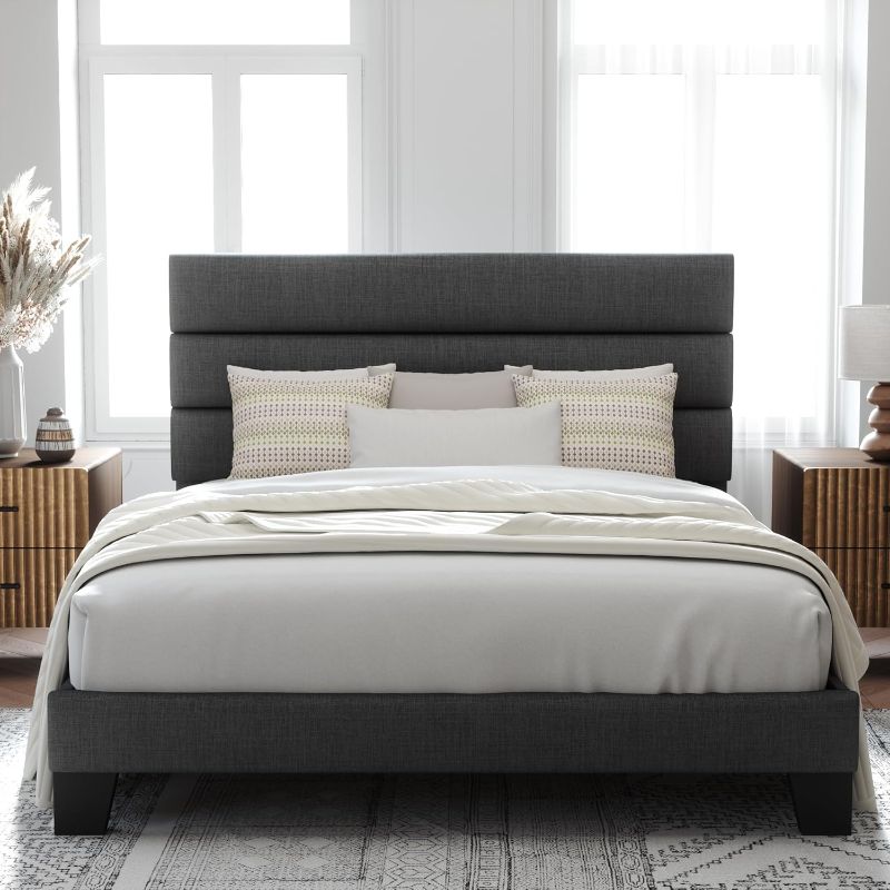 Photo 1 of  Queen Size Platform Bed Frame with Fabric Upholstered Headboard and Wooden Slats Support, Fully Upholstered Mattress Foundation/No Box Spring...