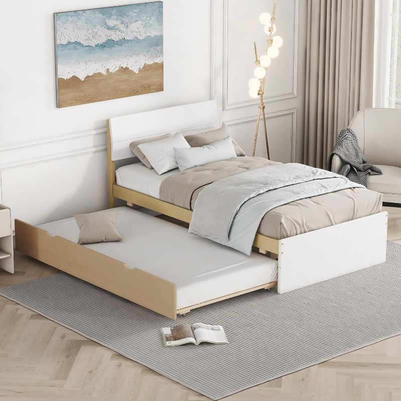 Photo 1 of [BOX ONE OF TWO ] Full Platform Bed Frame with Twin Size Trundle and 2 Drawers,Full Size Bed Frame with White High Gloss Headboard,Space Saving