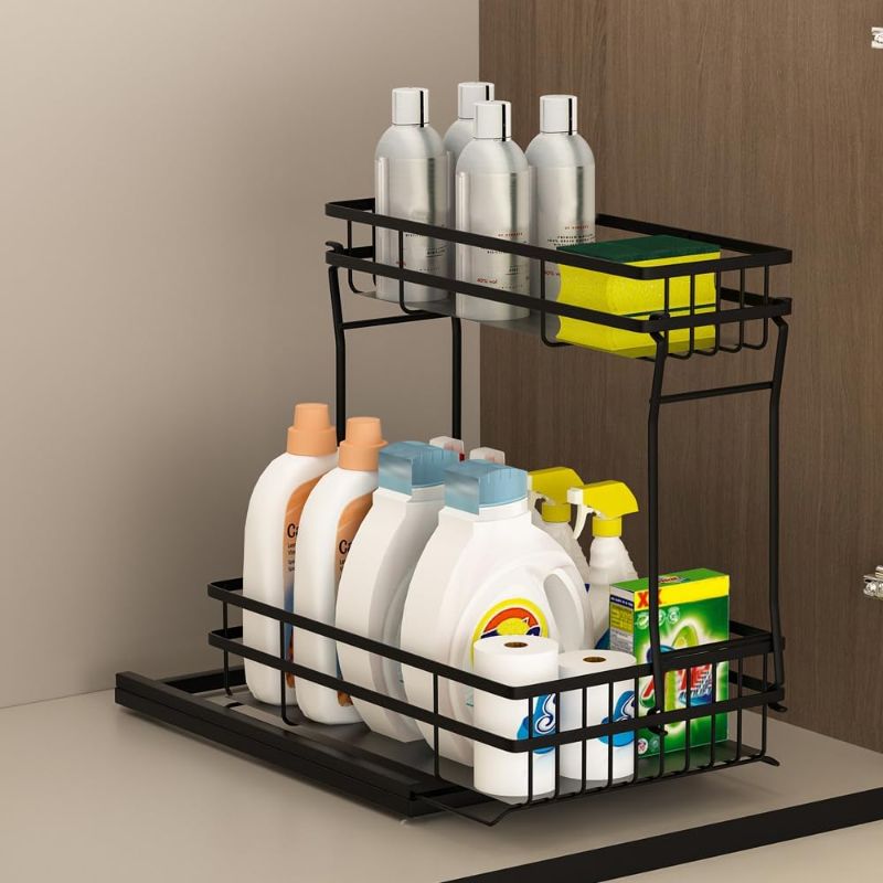 Photo 1 of 1 Pack Under Sink Organizers and Storage, 2 Tier Pull Out Cabinet Organizer, Metal Sliding Drawer Storage for Kitchen Bathroom?Black