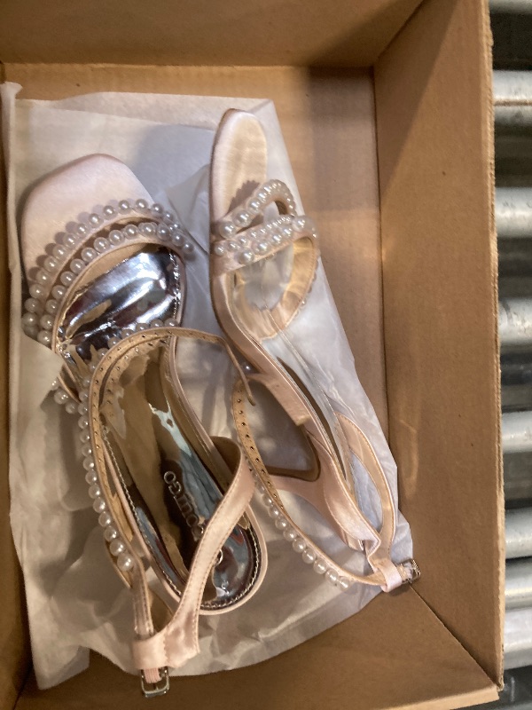 Photo 1 of *** RUNS BIG **Coutgo Womens Pearl Kitten Heels Sandals Square Open Toe Dress Sandals Ankle Strap Satin Wedding Party Summer Sandals, Pink, size 8
