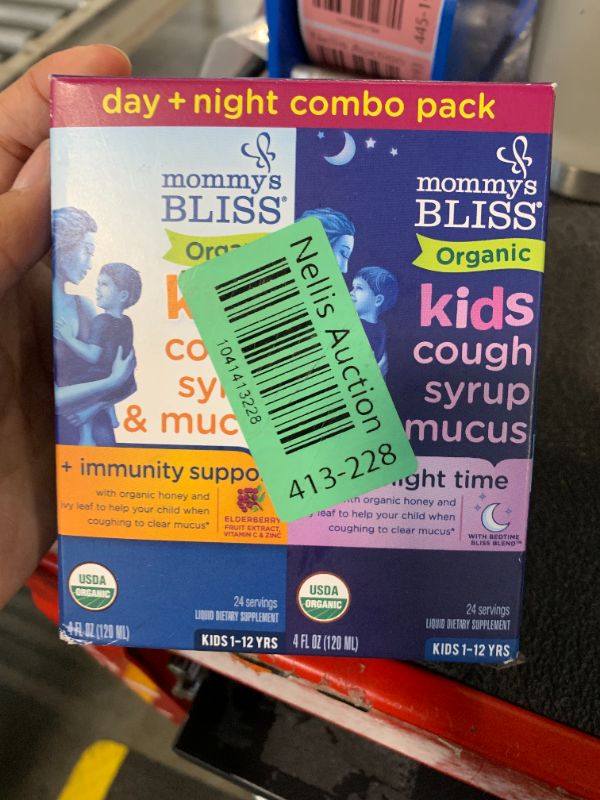 Photo 1 of **expires 09-2025**Mommy's Bliss Organic Cough Syrup & Mucus for Kids, Day and Night Combo Pack with Vitamin C and Immunity Support, Contains Organic Honey and Ivy Leaf, 4 Fl Oz (Pack of 2)