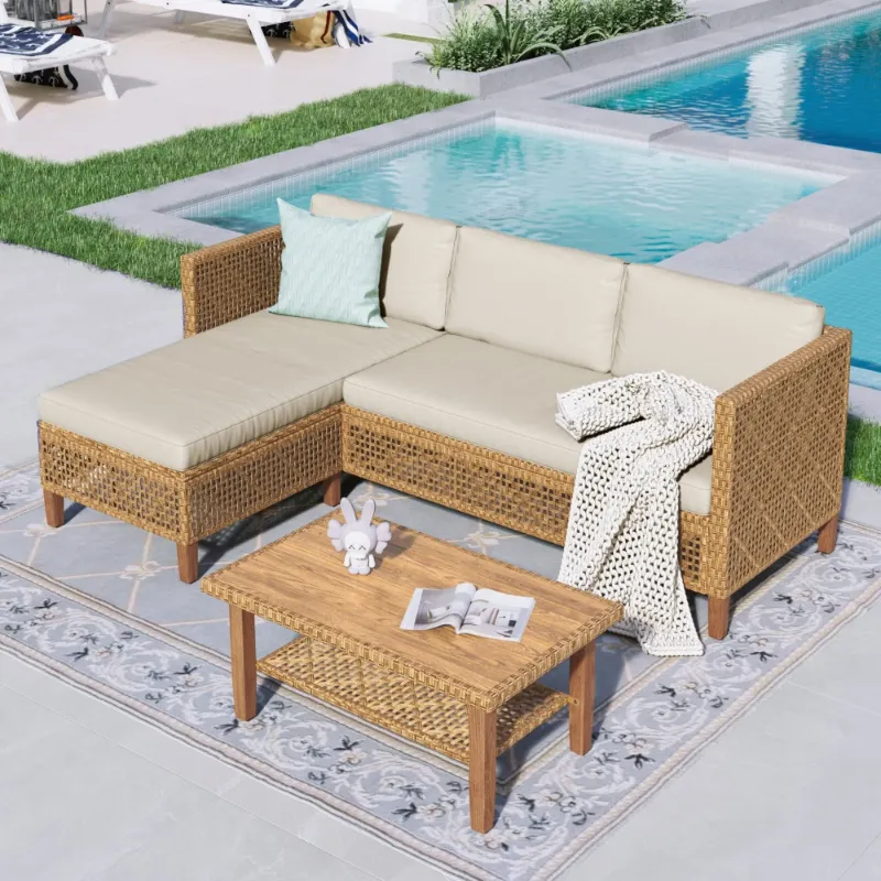 Photo 1 of **PARTIAL SET**PART 2 AND 3 OF THE SET**Sophia & William Wicker Patio Furniture Conversation Set Boho Style Outdoor Sofa with Wood Coffee Table