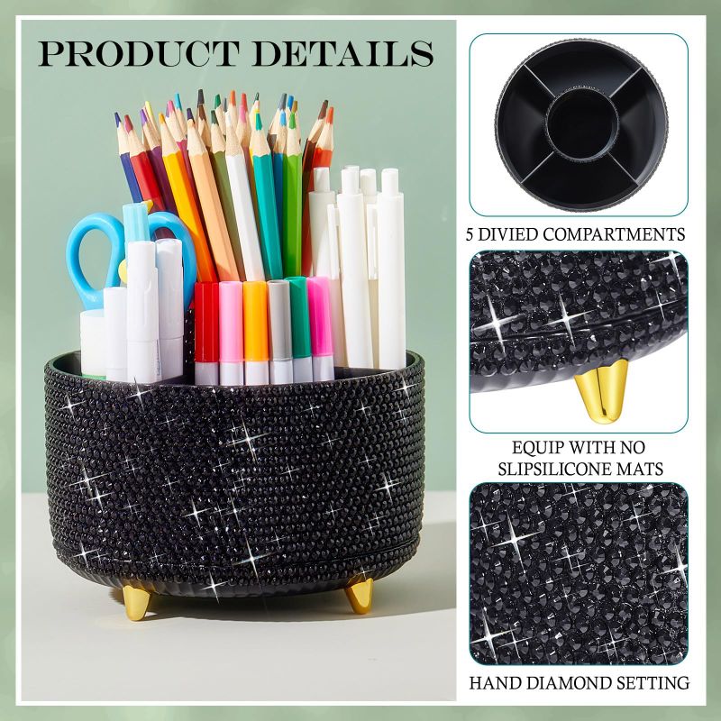 Photo 1 of **ROSE GOLD RHINESTONES, NOT BLACK** MotiMind Champagne Bling Desk Accessories Organizer for Office Women Girls Birthday Mother's Day Gift Bling Pen Holder Rotating Rhinestone Makeup Brush Holder with 5 Slots Diamond Skincare Organizer