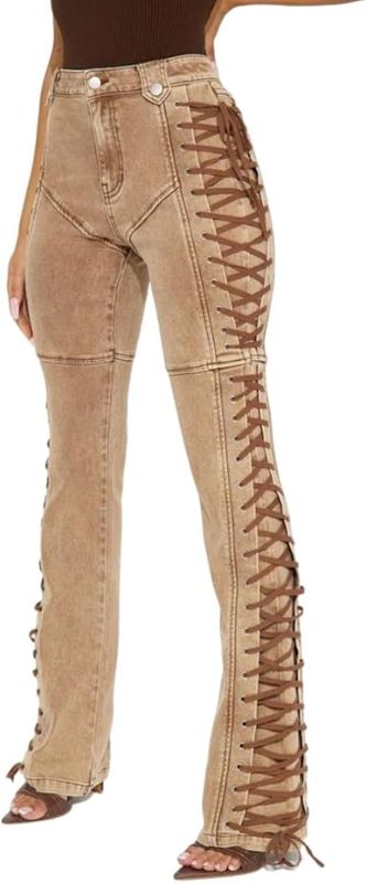 Photo 1 of *SIMILAR NNOT EXACT** WRXMIJNHGSA Women's Wide Leg Jeans High Waisted Strechy Raw Hem Zimbaplatinum Denim Pants Brown XXL