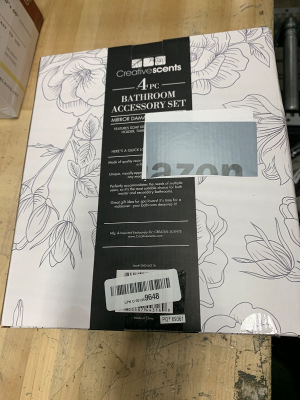 Photo 1 of (SEE NOTES) Creative Scents Mirror Damask Bathroom Accessory Set - Decorative White and Gray Bathroom Set - 4 Piece Bathroom Accessories Set Includes: Soap Dispenser, Soap Dish, Toothbrush Holder and Tumbler