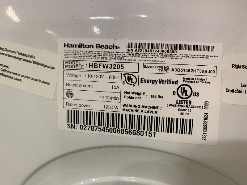 Photo 4 of *POWERS ON* Hamilton Beach HBFW3205 Fullsize Washer-LED Digital Display Panel-5 Wash Cycles-Front Load Design-2.2 cu ft, 24 inch Wide, White
