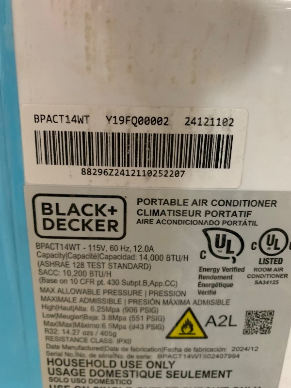 Photo 1 of *POWERS ON* BLACK+DECKER Smart Portable Air Conditioner, 14,000 BTU ASHRAE 128 (10,000 BTU DOE) for Rooms up to 700 Sq. Ft., Smart Portable AC with Follow Me Remote and Window Kit, BPACT14WT, White
