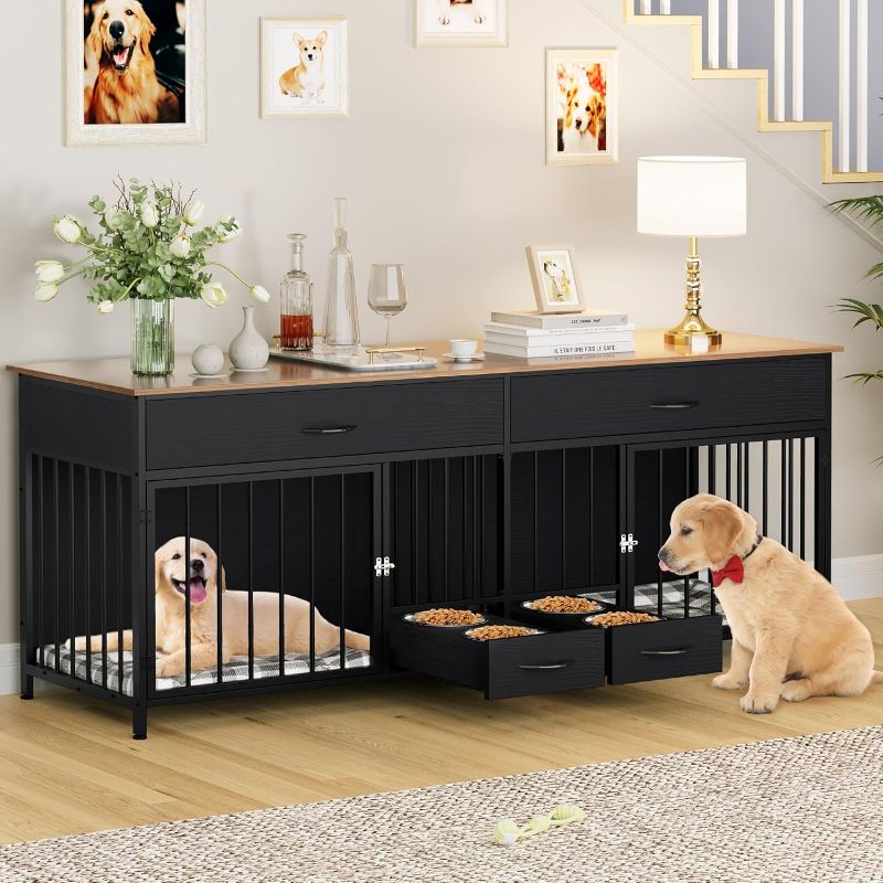 Photo 1 of *FINAL SALE!! PARTIAL SET* SOLD AS IS* YITAHOME Double Dog Crate Furniture with Dog Feeder, 74.8" Wooden Dog Kennel Furniture with 2 Large Drawers, Indoor Furniture Style Dog Kennel for Medium Large Dogs, Black
