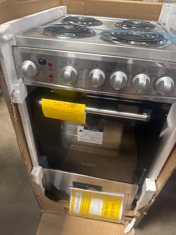Photo 1 of *UNABLE TO FULLY TEST* Avanti ERU200P3S Electric Range Oven Compact Design, 2.1-Cu.Ft. Capacity with 4 Coil Burners, Framed Glass Door, Storage Drawer and Broiler with Pan Perfect for Apartments, 20-Inch, Stainless Steel