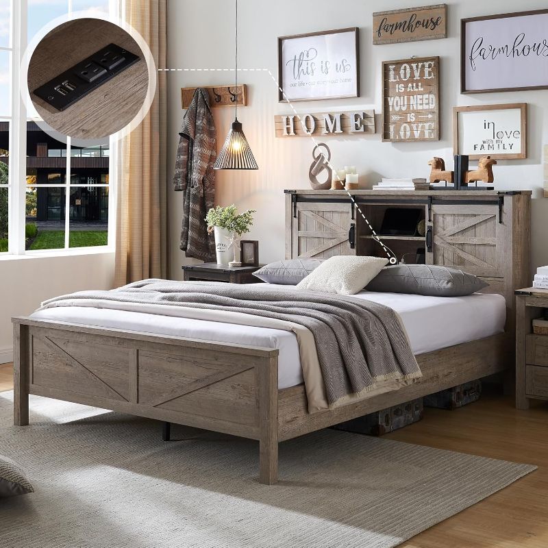 Photo 1 of *************PARTIAL ITEM, THIS IS ONLY BOX A, BOX B NOT INCLUDED***********

T4TREAM Farmhouse Full Size Bed Frame w/Storage Bookcase Headboard, Sliding Barn Door, Charging Station, Rustic Wood Platform Bed w/Wood Slats Support, No Box Spring Needed, Lig