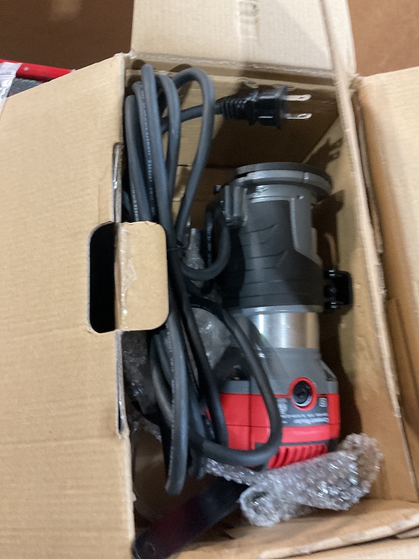 Photo 1 of AVID POWER 6.5 Amp 1.25 HP Compact Router Tools for Woodworking, Fixed Base Wood Router with Trim Router Bits, 6 Variable Speeds, Edge Guide, Roller Guide, Dust Hood (Red, 65mm)