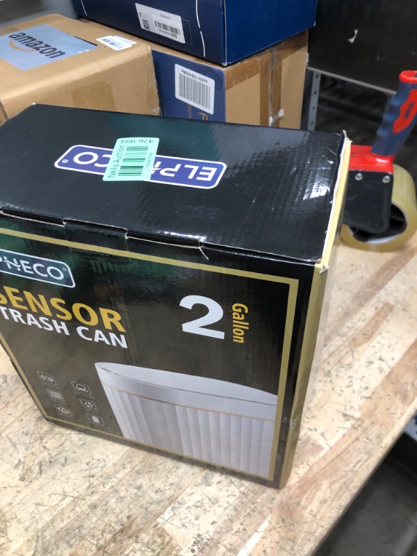 Photo 1 of **LID DOES NOT FUNCTION**
ELPHECO Automatic Motion Sensor Trash Can - 2 Gallon Slimline for Bathroom, Bedroom, Kitchen, Office - White with Gold Trim