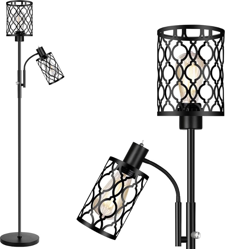Photo 1 of 
72" Farmhouse Floor Lamps for Living room, Black Floor Lamp with Adjustable Reading Lamp, 2-Light Tall Standing Lamps with 2 Edison Bulbs, Industrial Floor Lamps for Bedroom, Office, 6W, Black