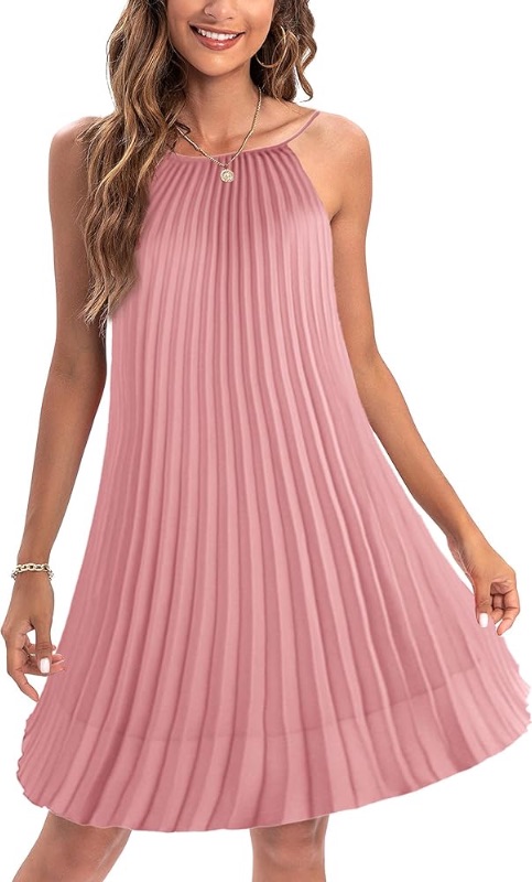 Photo 1 of Ellames Women's 2024 Summer Spaghetti Strap Pleated Casual Swing Dress Small