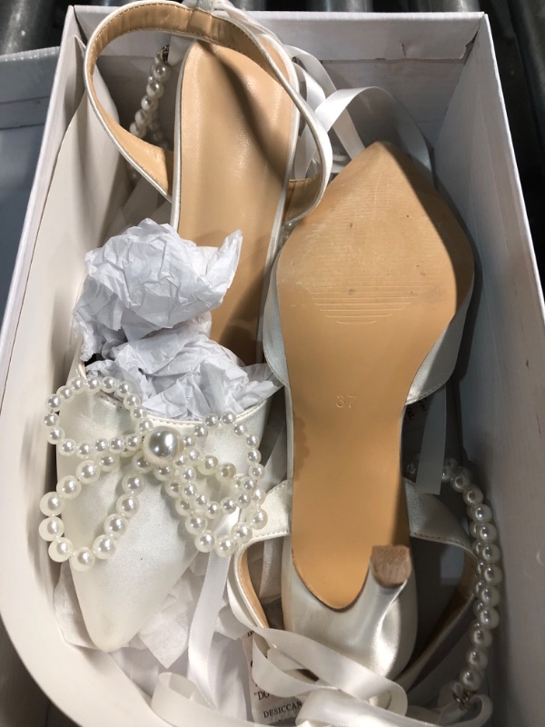 Photo 1 of ***(HEAVILY USED)***
Women's High Heels Closed Toe Pearls Bow Heels Slingback Ankle Strap Pumps Wedding Bridal Party Dress Shoes Stiletto Sandals Ivory US6
