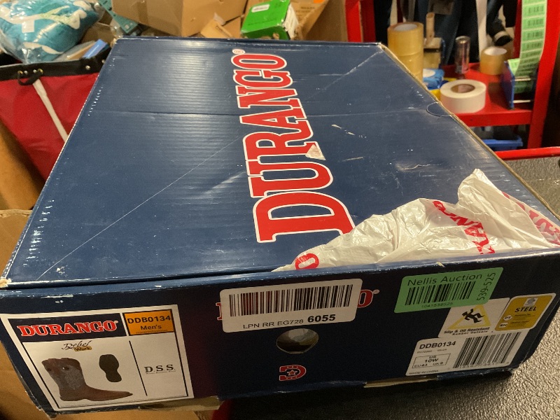 Photo 1 of **HEAVILY USED, HAS MAJOR STAINS OF PAINT**Durango Men's Rebel Steel Toe Pull-on Western Boot Mid Calf, Dark Brown and Blue Denim, 10 W US