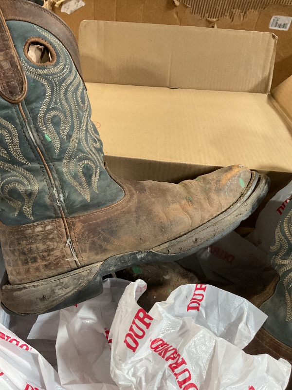 Photo 1 of **HEAVILY USED, HAS MAJOR STAINS OF PAINT**Durango Men's Rebel Steel Toe Pull-on Western Boot Mid Calf, Dark Brown and Blue Denim, 10 W US