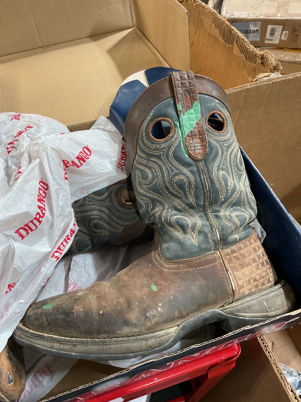 Photo 1 of **HEAVILY USED, HAS MAJOR STAINS OF PAINT**Durango Men's Rebel Steel Toe Pull-on Western Boot Mid Calf, Dark Brown and Blue Denim, 10 W US