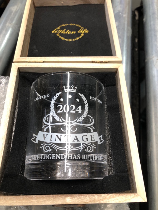 Photo 1 of ***STOCK PHOTO REFERENCE ONLY***LIGHTEN LIFE 2024 Retirement Gifts for Men 12 oz,Retirement Whiskey Glass in Valued Wooden Box,Funny Party Decoration,The Legend Has Retired Gifts