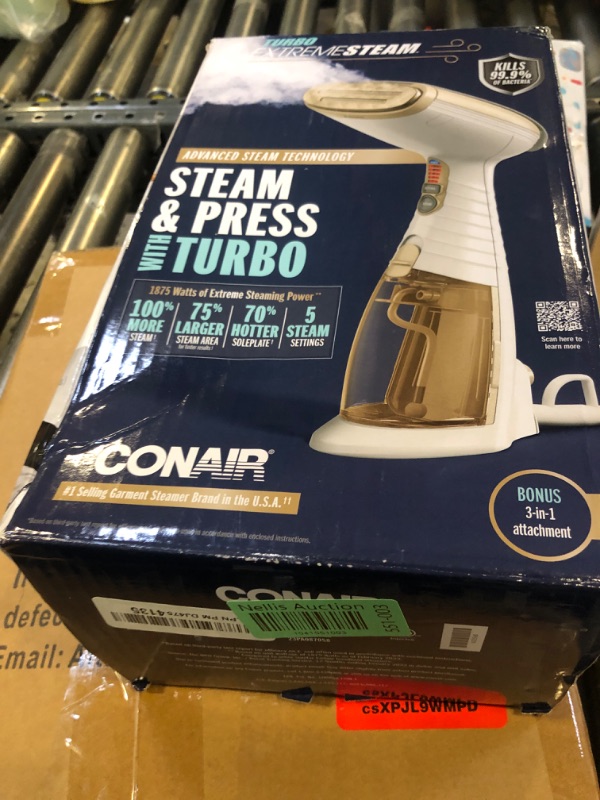 Photo 2 of Conair Handheld Garment Steamer for Clothes, Turbo ExtremeSteam 1875W, Portable Handheld Design, Strong Penetrating Steam, White / Champagne