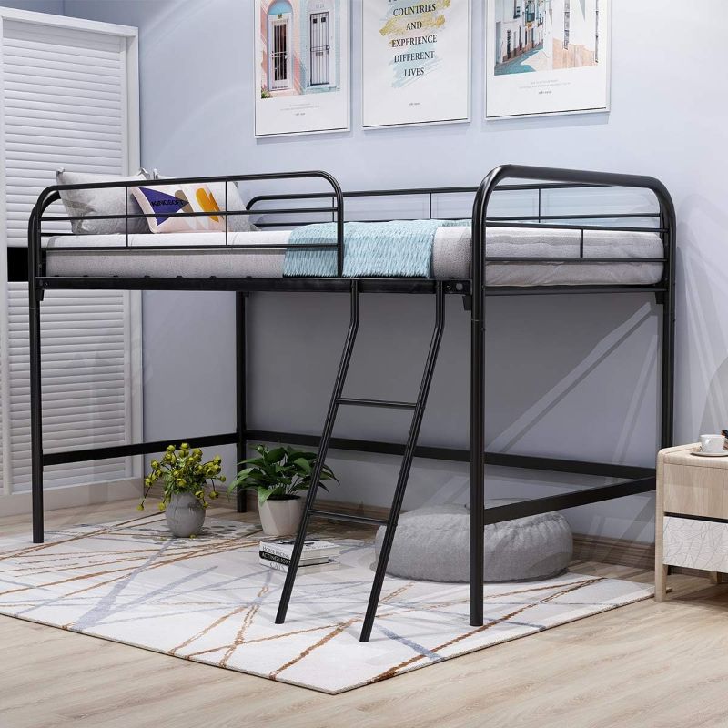 Photo 1 of JURMERRY Metal Loft Twin Bed with Sturdy Steel Frame, High Sleeper Multipurpose Use Full-Length Guardrails & One Integrated Ladders Space- with Strong Board Slats,Black