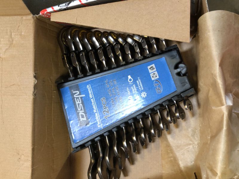 Photo 1 of DISEN 24pcs 90-Teeth Ratchet Wrenches Set, Flex-Head Ratcheting Wrench Set Metric 8MM-19MM and SAE Wrenches 1/4 Inch-3/4 Inch, Nickel Plating Cr-V Constructed with Organizer Rack