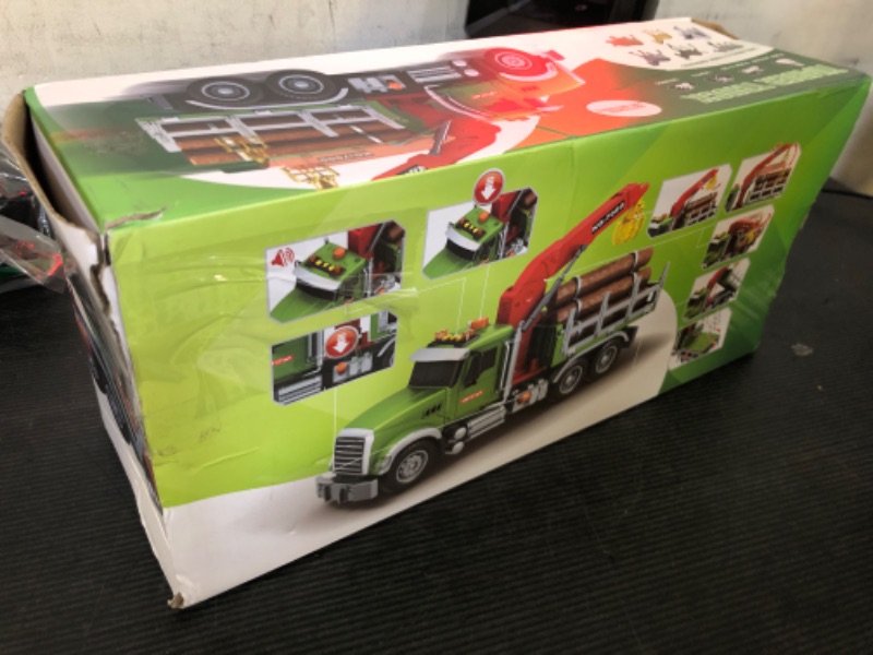 Photo 1 of Timber Logging Truck w/ Functional Loading Crane Toy & Bundle of Logs, Large 15" Semi Transport Tow Truck Hauler Playset for Kids, Boys Ages 3 4 5 6 7 8, Lights & Sounds, 6 Farm Animals, Birthday Gift
