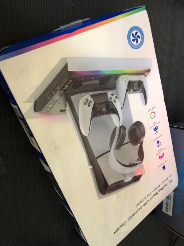 Photo 1 of PS5/ PS5 Slim Stand for Disc & Digital Console, PS5 Cooling & Charging Station with 3-Level Fan, PS5 Controller Charger for PS5 & Edge Controller, PS5/Slim Accessories with 3 Charging Ports
