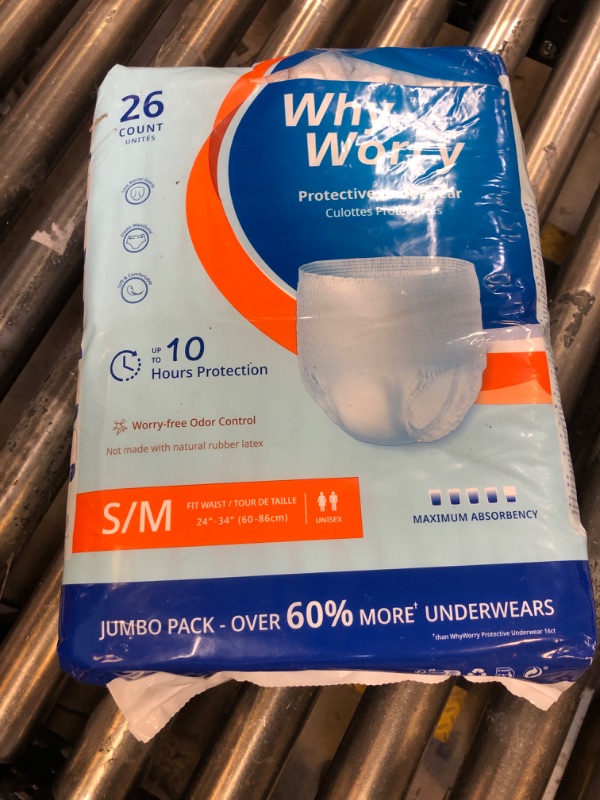 Photo 1 of WhyWorry Incontinence Underwear for Women and Men, Disposable Adult Pull Ups with Overnight Absorbency, Leakproof, Unisex, Small/Medium, 26 Count