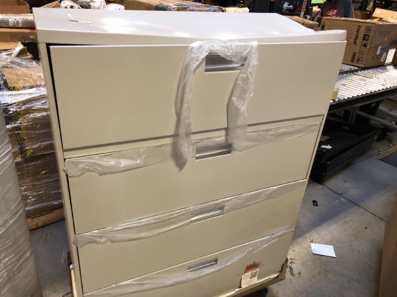 Photo 2 of HON 4 Drawer Lateral File Cabinet with Lock, Metal Filing Cabinets for Offices, Adjustable Hangrails for A4, legal, Letter Files, 18" Deep, Light Gray