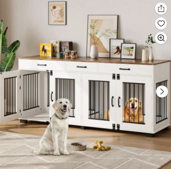 Photo 1 of Huloretions 71'' Dog Crate Furniture for 2 Dogs, Wooden Double Dog Crate, Double Dog Crate Furniture, 71'' Large Dog Kennel Indoor with 3 Storage Drawers and Removable Divider for 2 Dogs, Heavy Duty