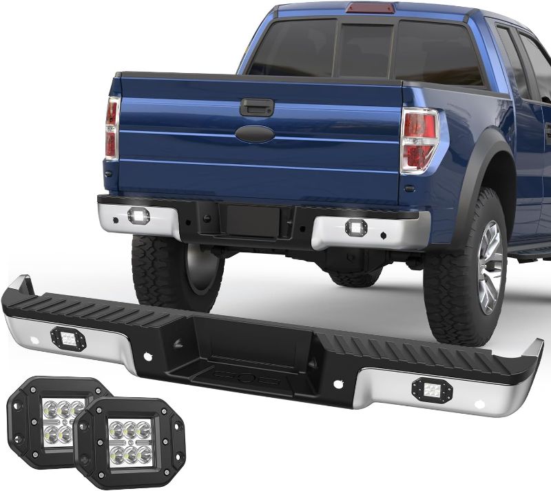 Photo 1 of Chrome Rear Step Bumper Assembly Compatible for 2009-2014 Ford F-150 Pickup with LED Square Light Steel Complete Back Bumpers -WITH Parking Sensor Holes