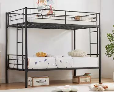 Photo 1 of Bunk Bed Metal Twin Over Twin, Industrial Bunkbeds with Ladder and Full-Length Guardrail, Black - Platform Bed Frame