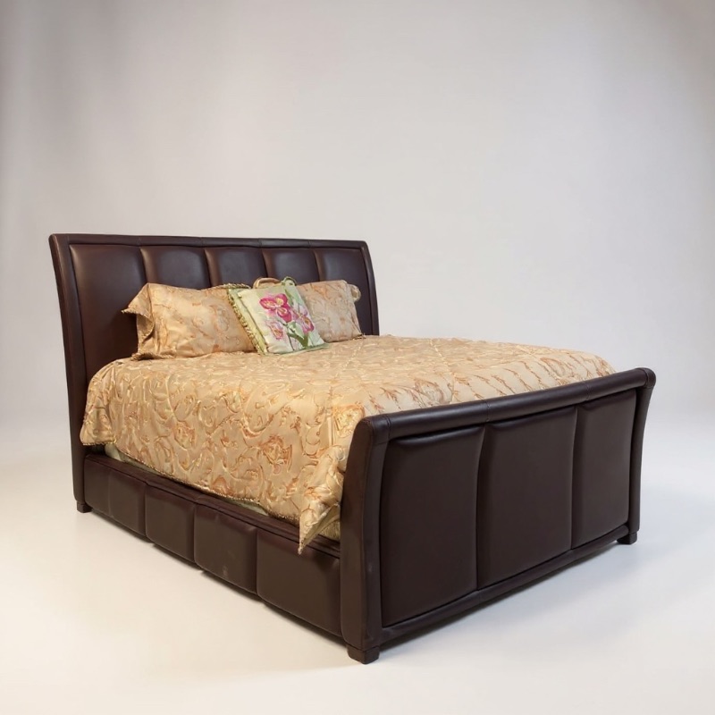 Photo 1 of DARK BROWN LEATHER KING SLEIGH BED W BEDDING (MATTRESS NOT INCLUDED)