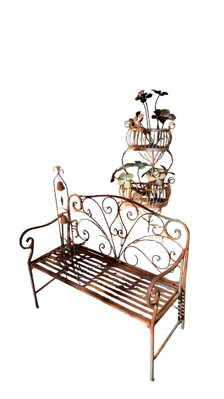 Photo 1 of RUSTIC WROUGHT IRON BENCH, 2 TIERED RUSTIC WROUGHT IRON FLOWER  PLANTER