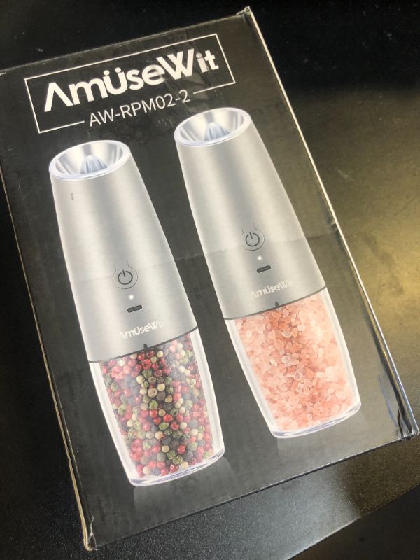 Photo 1 of AmuseWit Gravity Electric Salt and Pepper Grinder Set [White Light] USB Rechargeable Automatic Pepper and Salt Mills,Adjustable Coarseness,One-Handed Operation,Stainless Steel
