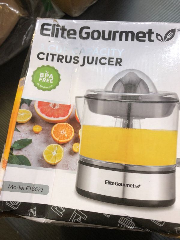 Photo 1 of Elite Gourmet ETS623 BPA-Free Electric Citrus Juicer, Compact, Large Volume, Pulp Control, Oranges, Lemons, Limes, Grapefruits with Easy Pour Spout, 24oz, Black/Stainless Steel