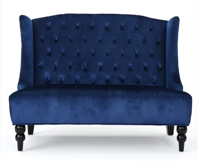 Photo 1 of LEONA FRENCH STYLE HIGH BACK TUFTED WINGED VELVET LOVESEAT IN NAVY BLUE