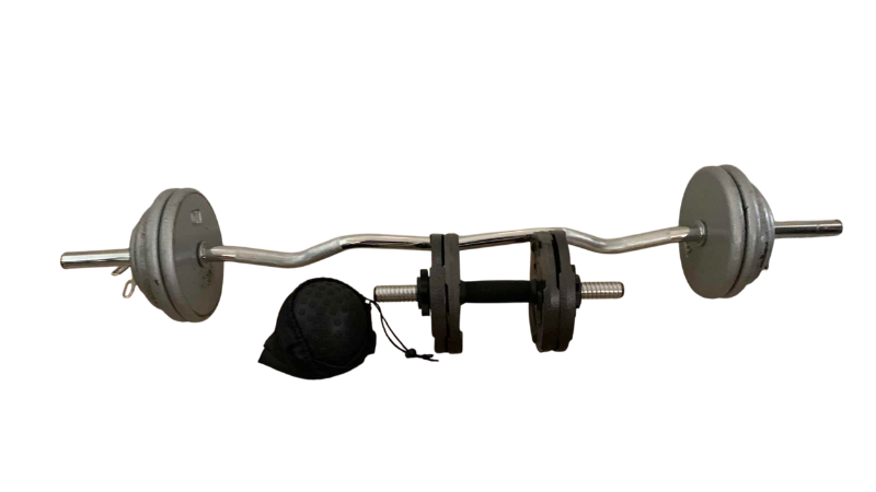 Photo 1 of CURL BAR AND DUMBBELL WITH METAL WEIGHTS AND A PULL UP BAR