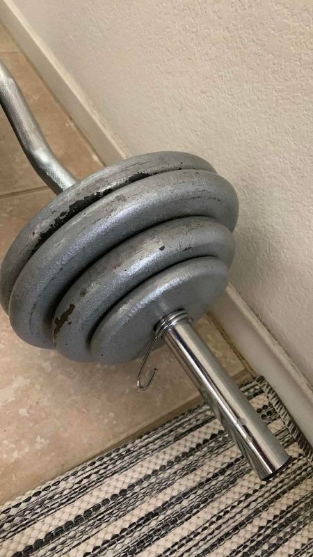 Photo 1 of CURL BAR AND DUMBBELL WITH METAL WEIGHTS AND A PULL UP BAR