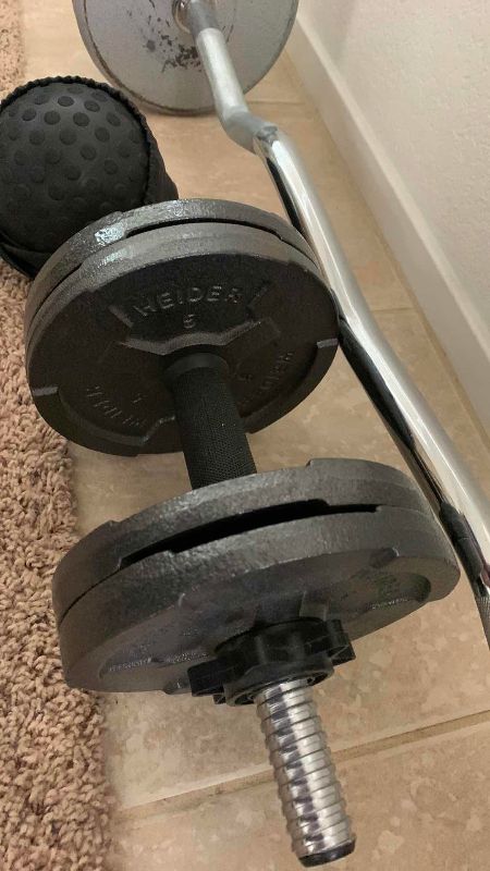 Photo 1 of CURL BAR AND DUMBBELL WITH METAL WEIGHTS AND A PULL UP BAR