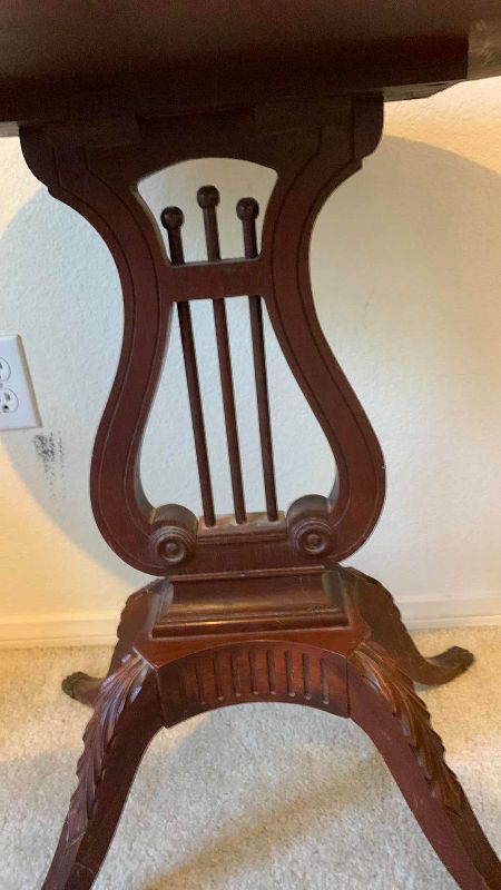 Photo 1 of ANTIQUE MERSMAN LYRE/HARP BASE OCCASIONAL CLAW FEET TABLE 24” X 18” H 27”