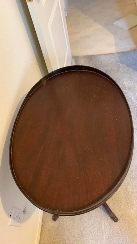 Photo 1 of ANTIQUE MERSMAN LYRE/HARP BASE OCCASIONAL CLAW FEET TABLE 24” X 18” H 27”