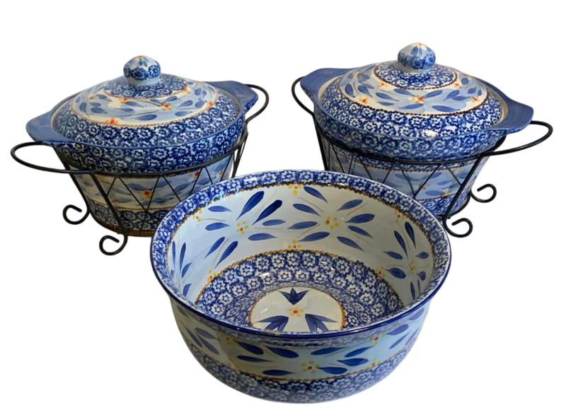 Photo 1 of 2 TEMPTATIONS OLD WORLD BLUE FLORAL COVERED CASSEROLES WITH RACKS AND A LARGE BOWL