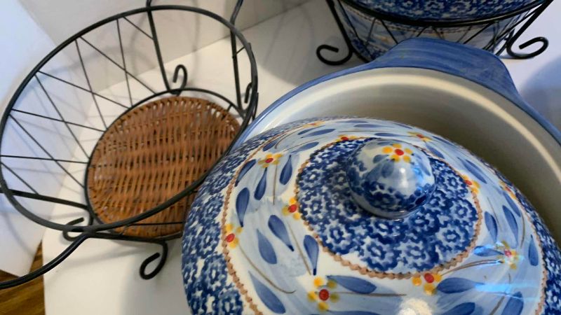 Photo 1 of 2 TEMPTATIONS OLD WORLD BLUE FLORAL COVERED CASSEROLES WITH RACKS AND A LARGE BOWL